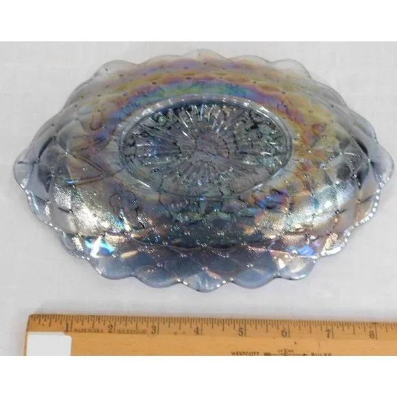 Imperial Glass Pickle Relish Dish Quilted Pansy Smoke Blue Iridescent Carnival - Picture 4 of 6